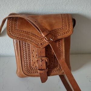 Hand-Tooled Leather Crossbody Bag in Warm Tan